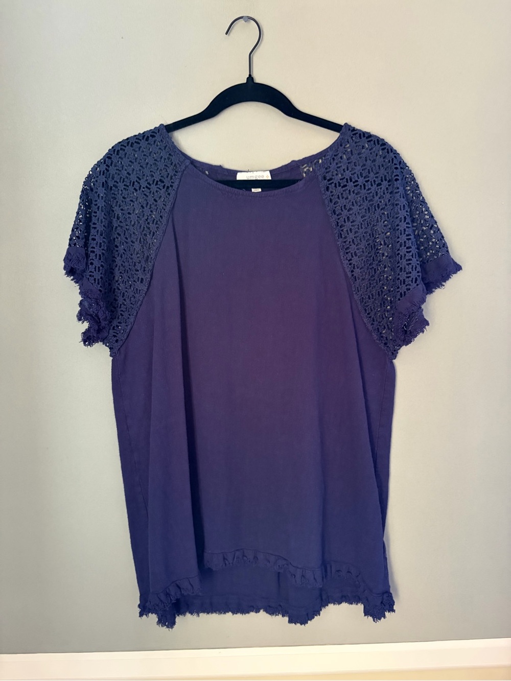 Umgee XL Navy Tunic Top Lace Sleeve Linen Cotton Boho Fringe Hem Lightweight